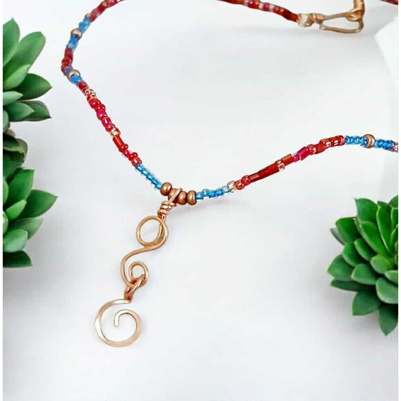 Minimalist Beaded Choker Necklace, Hammered Copper, Handmade Artisan 14.5" - Picture 1 of 5